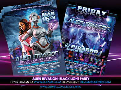 Alien Invasion Black Light teen Party Flyer Design