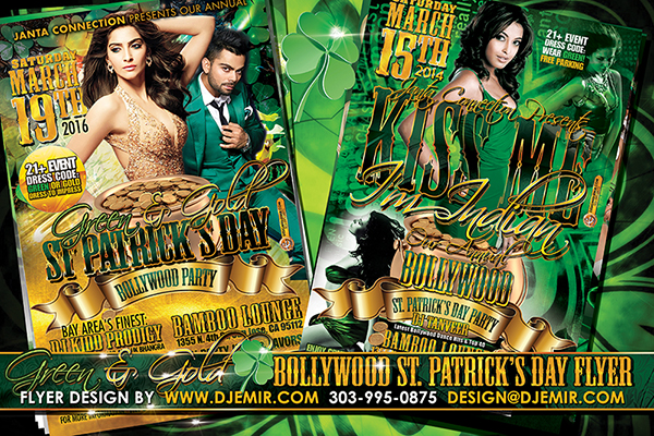 Kiss Me I'm Indian Green And Gold Bollywood St. Patrick's Day Party Flyer Design