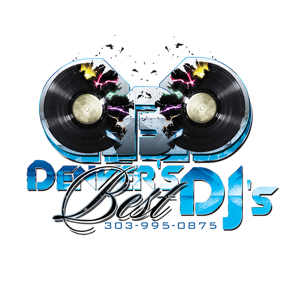 Denver's Best DJs Logo Design with 2 D Vinyl Records Breaking into a B letter with lightning lighting Blue Silver Gold