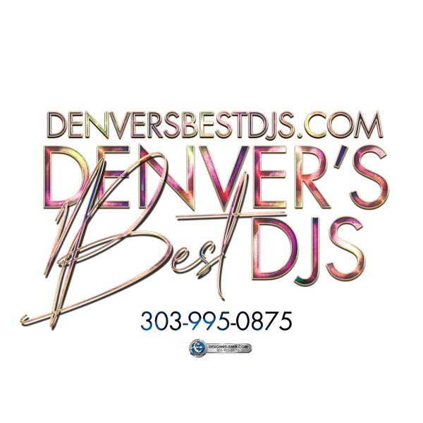 Denver's Best DJs Logo Design Swirled Rainbow Metalic Finish Lettering On White Background