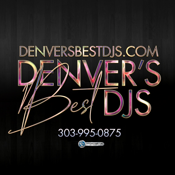 Denver's Best DJs Logo Design 3D Swirled Rainbow Metalic Finish Lettering On Dark Grey Wood Flooring Background