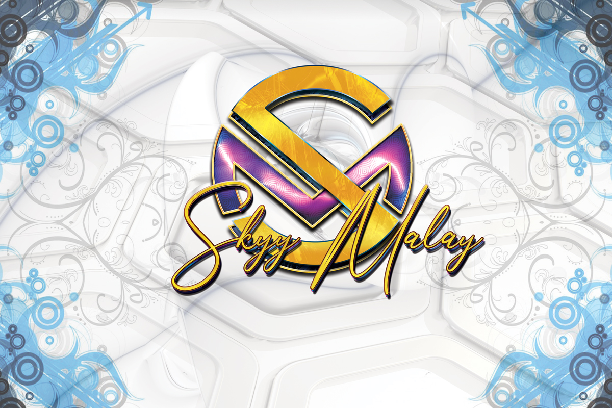 Skyy Malay 3D Logo Design with Gold And Swirled Rainbow Metalic Finish Monogram Design and Skyy Malay in Gold With Rainbow Blue and Pink Sherbert Edged Outline on a Blue and White Background Music Artist Logos And Jewelry Pendant Designs