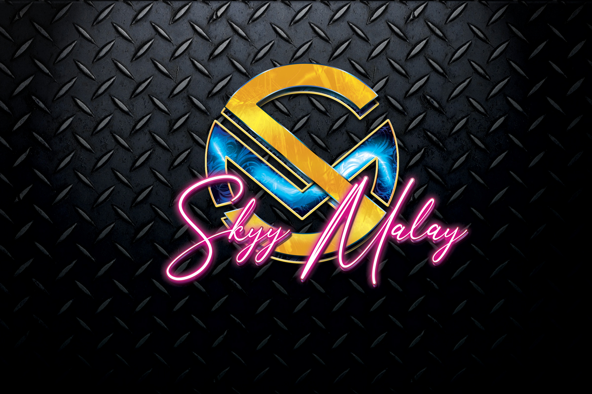 Skyy Malay Music Artist 3D Logo Design with Gold And Opal Blue Monogram Design and Skyy Malay in Neon Pink Glow on a Black Diamond Plate Background