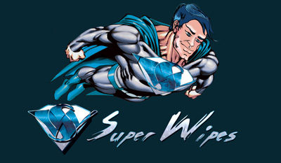 Super Wipes Logo design, Trade Mark design and Character Design on Silver and Aqua Blue version