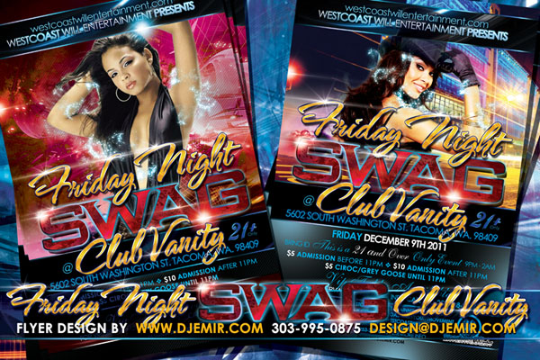 Friday Night Swag Flyer Design for Club Vanity Tacoma Washington