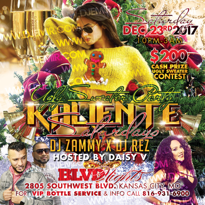 Kaliente Saturdays Latin Night Ugly Sweater Christmas Party Flyer Design